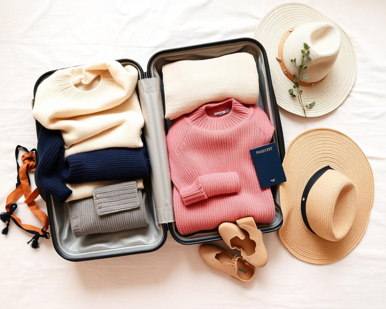 Neatly packed suitcase with folded sweaters, walking shoes and a sun hat
